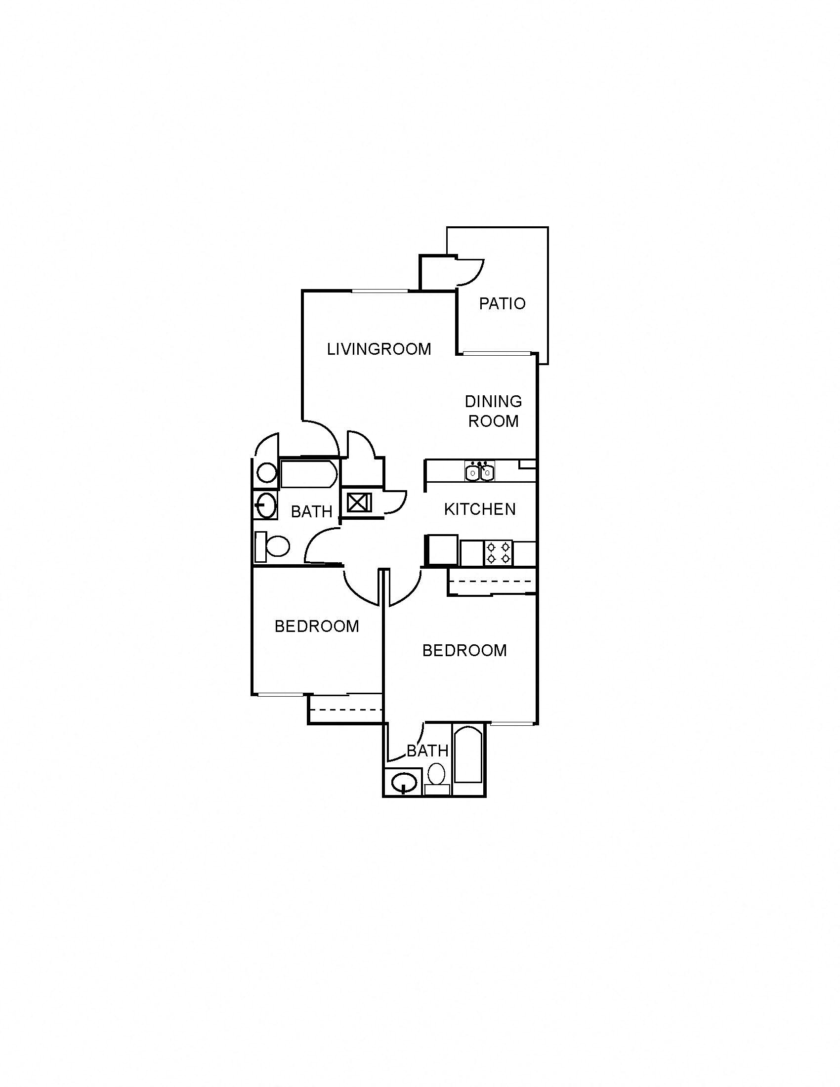 Floor plan for 2 beds, 2 baths, 904 sqft